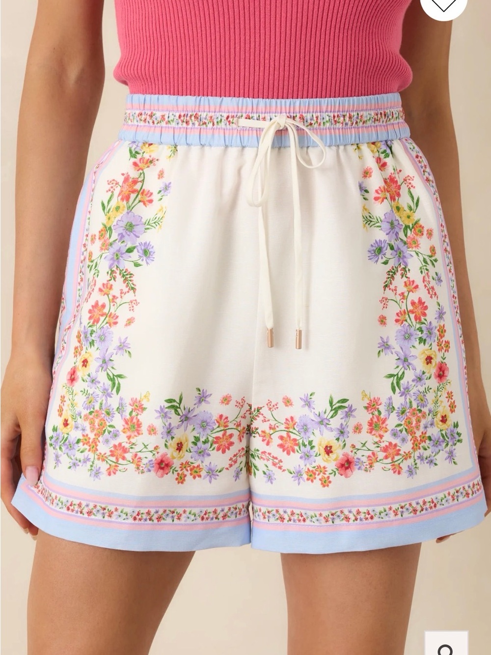 Skies Are Blue White Floral Border High-Waist Drawstring Shorts with Pink Trim